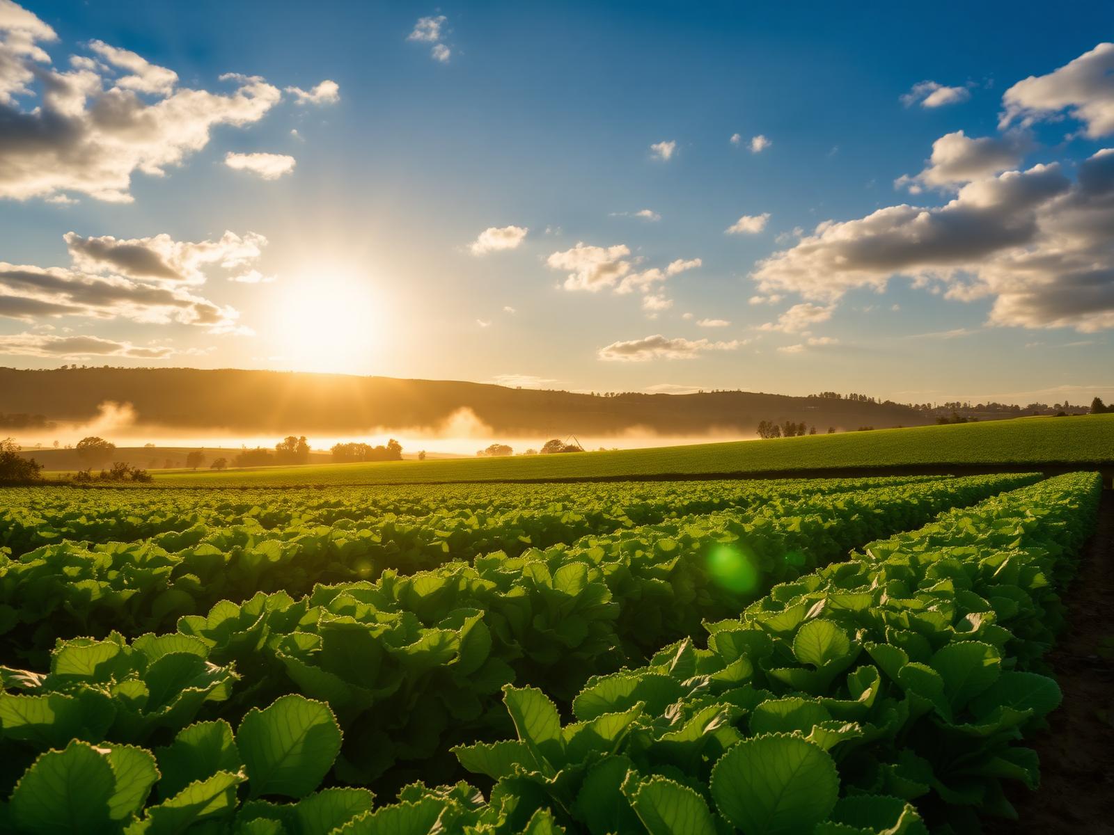 Sunlit regenerative farm field at golden hour