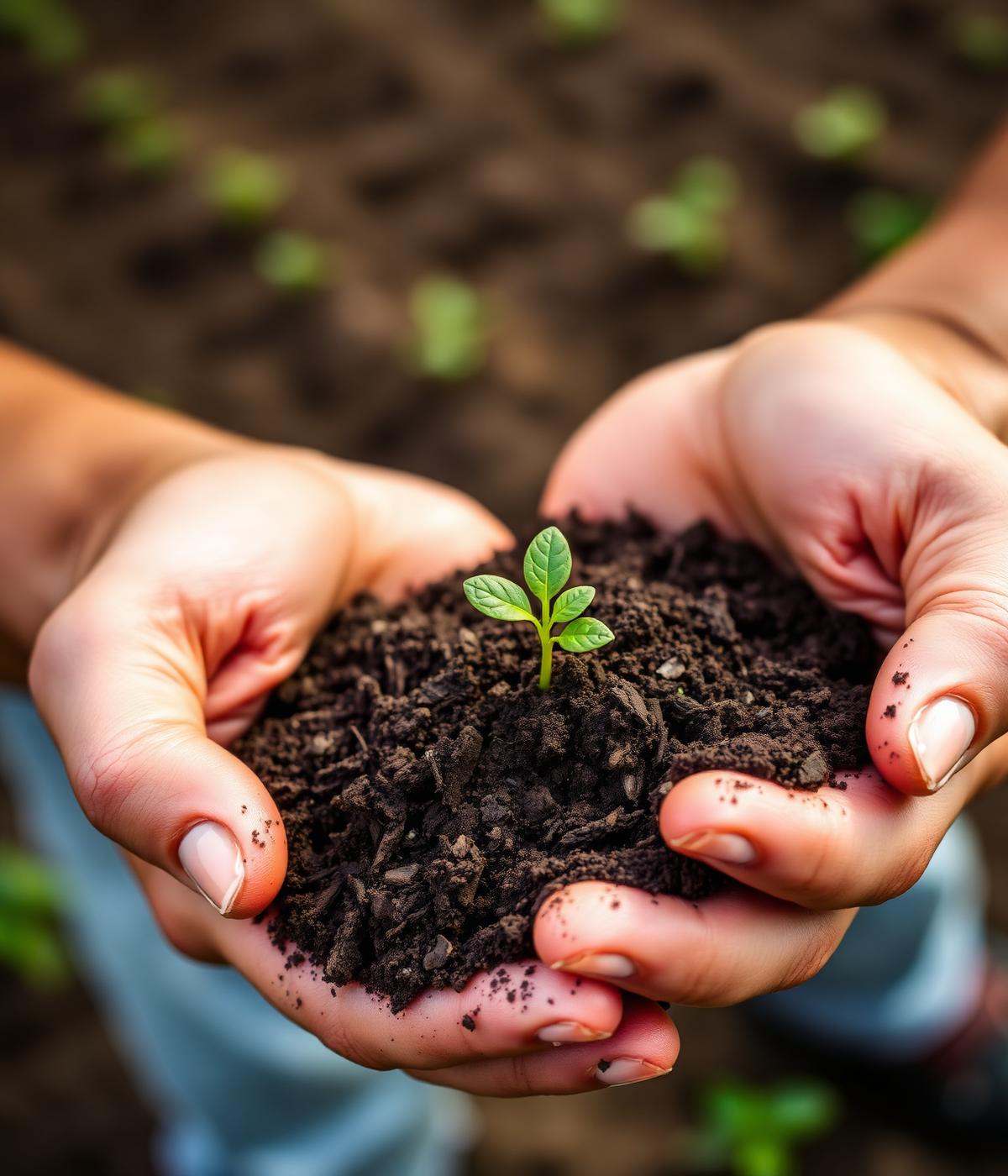 Hands holding rich dark soil with a seedling